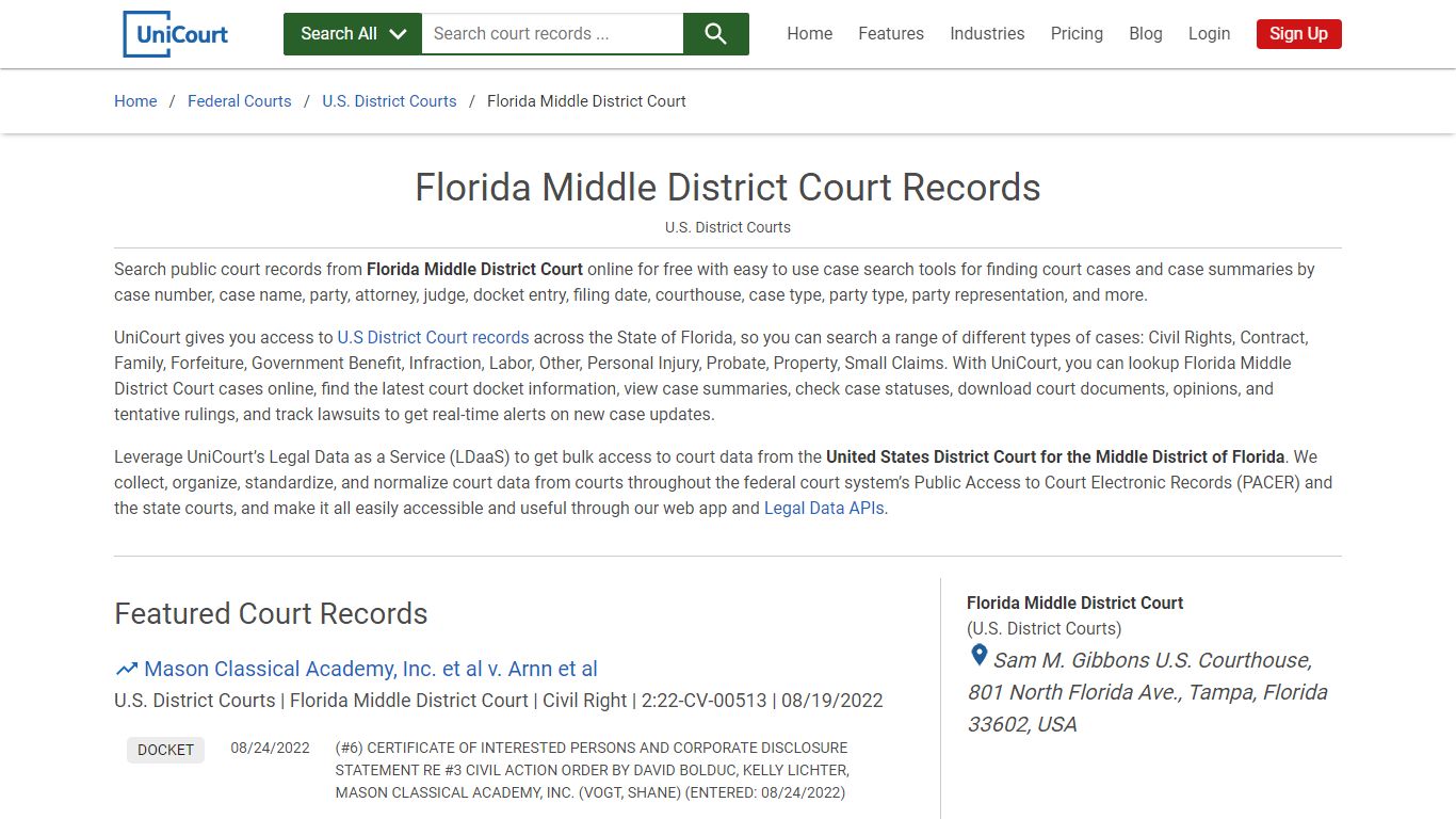 Florida Middle District Court Records | PACER Case Search | UniCourt